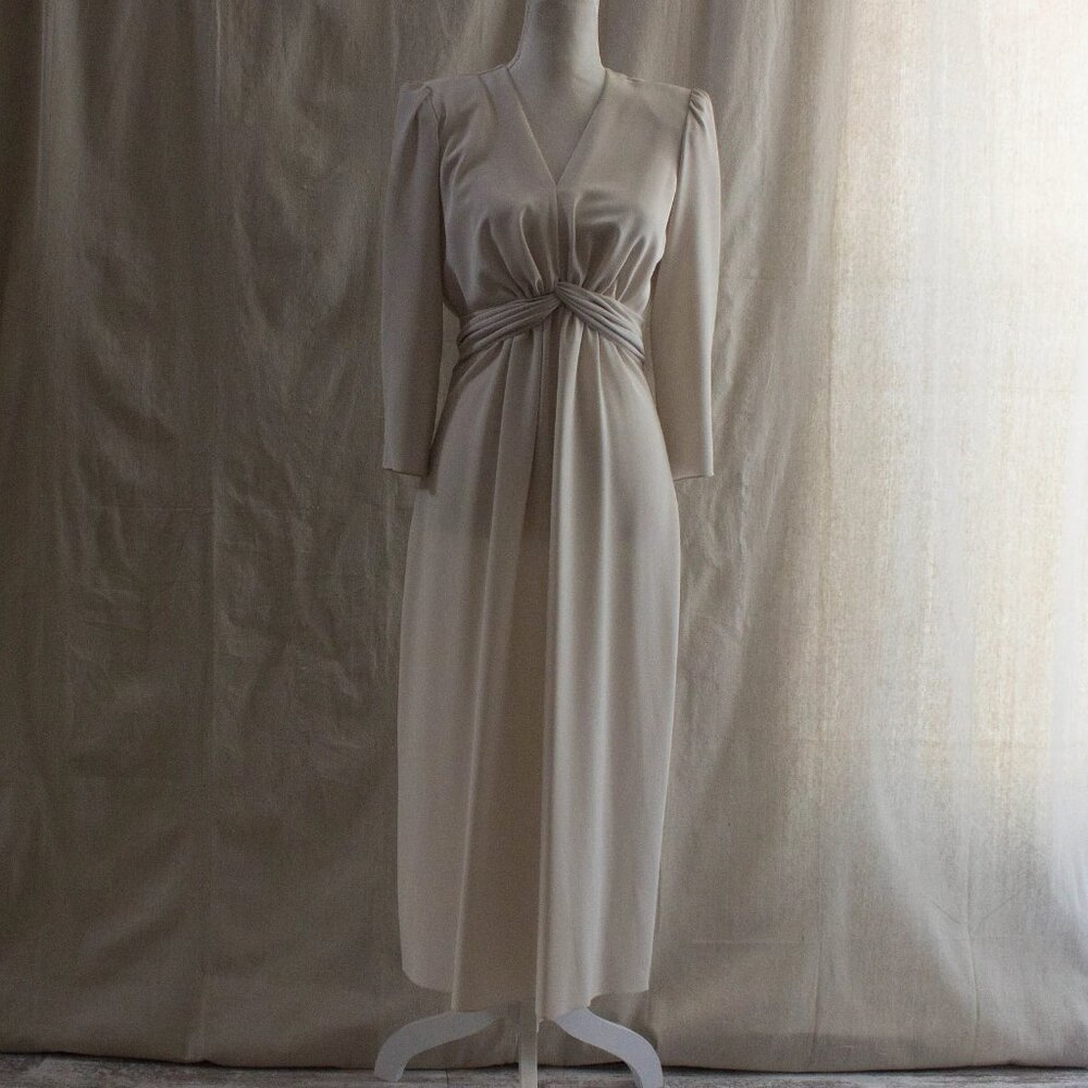 Vintage Miss Elliette Cream V-Neck Midi Dress with Twisted Empire Waist
